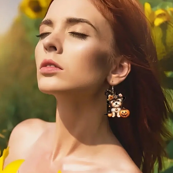 NEW Chic Acrylic Dog With Pumpkin Dangle Earrings - Picture 5 of 6